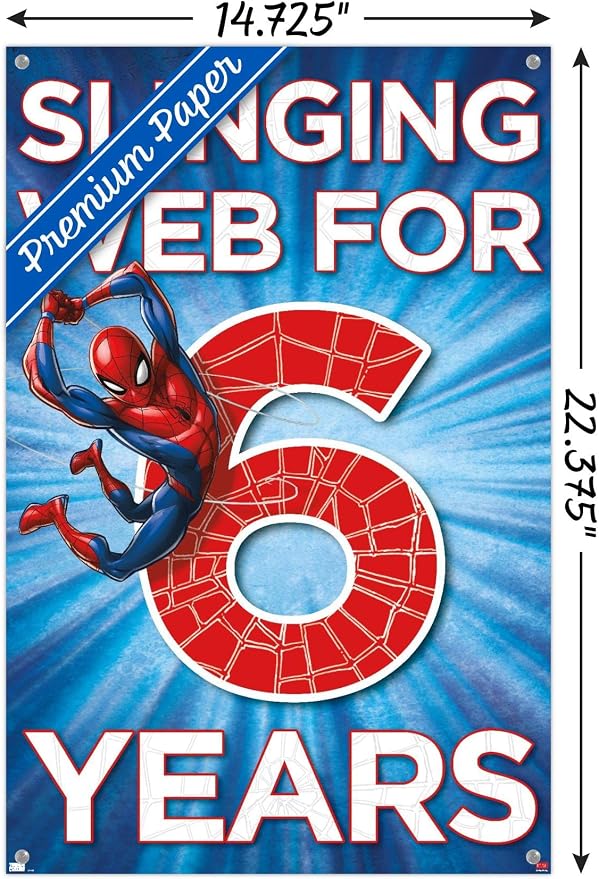 Trends International Marvel Spider-Man - Happy 6th Birthday Wall Poster, 14.72" x 22.37", Premium Poster & Push Pin Bundle