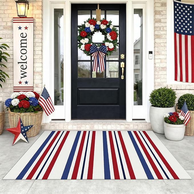 KOZYFLY 250th Anniversary Patriotic Doormat Blue Red White Striped Rug 3x5 ft Front Door Rugs 4th of July Memorial Day Welcome Woven Washable Outdoor Rug for Front Porch Patio Independence Day Decor