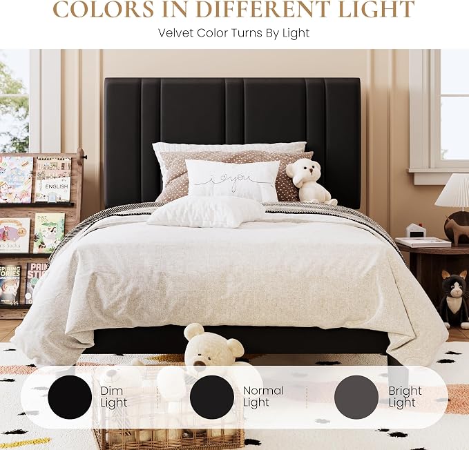 SHA CERLIN Twin Size Velvet Bed Frame with Adjustable Headboard, Black | Vertical Channel Tufted Design, Upholstered Platform Bed, Wood Slats Support/No Box Spring Needed/Easy Assembly