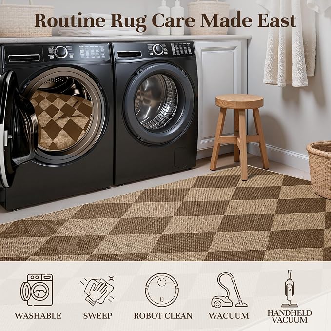 EDIMENS 3x5 Outdoor Rugs Checkered Easy Jute Front Door Mat Entryway Rug | Brown Washable Non Slip Indoor Outdoor Rug Farmhouse Neutral Living Room Carpet for Backyard Porch Balcony Patio