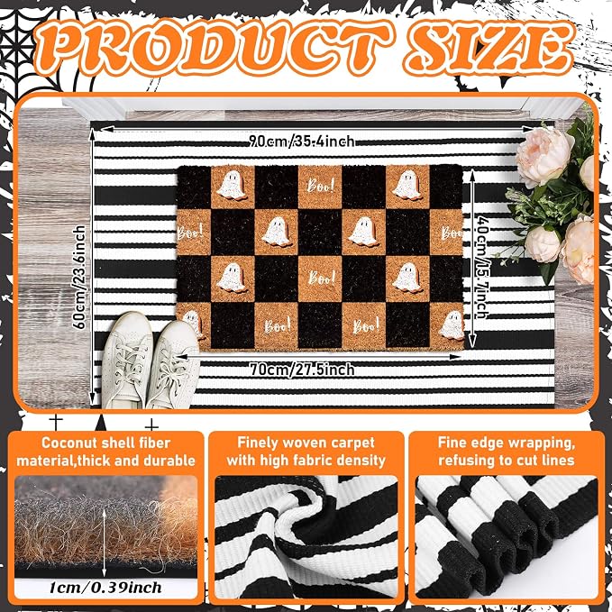 Moucuny 2 Pcs Halloween Coir Doormat Outdoor Boo Ghost Coir Plaid Welcome Mat Layered Black White Striped Outdoor Rugs for Halloween Front Door Porch Porch Entryway Decor,24'' X 35'',16'' X 28''