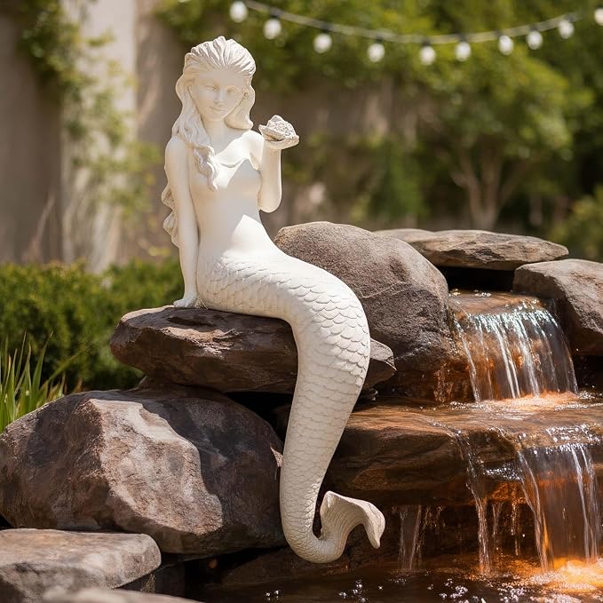 Large Mermaid Garden Statue, 25.6 in DIY Outdoor Sculpture Figurines | Pretty Lawn & Patio Decor, Antique White, Durable Weather-Resistant Finish Magnesium Oxide Stone