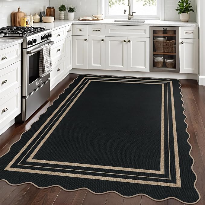 Scalloped 5x7 Rug for Living Room, Easy Jute Washable Outdoor Patio Carpet, Farmhouse Indoor Black Geometric Rug Neutral Non Slip Carpet for Living Room Backyard