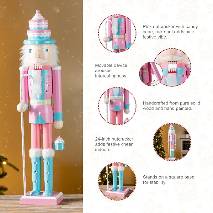 Glitzhome Nutcracker Christmas Decorations 24 Inch Wooden Nutcracker Soldier with Candy Cane & Cupcake for Xmas Holiday Decor Porch Gateway