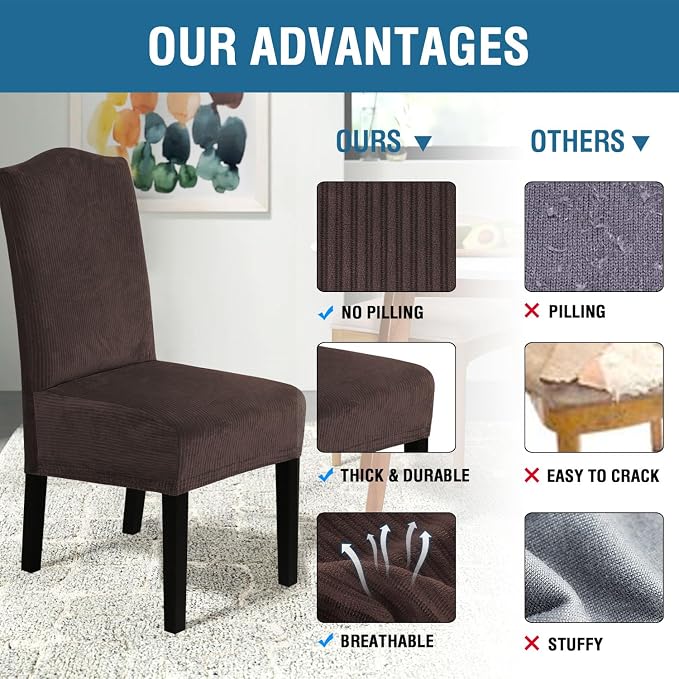 H.VERSAILTEX Velvet Dining Chair Covers Stretch Chair Covers for Dining Room Set of 6 Parson Chair Slipcovers Chair Protectors Covers Dining, Soft Thick Solid Velvet Fabric Washable, Brown Striped
