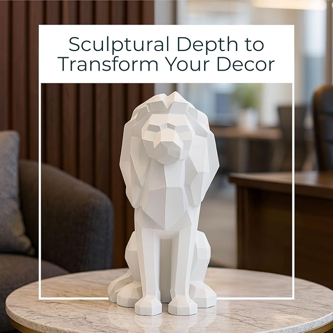 Sitting Lion Decorative Figurine – Tall Polyresin Decor Sculpture Accent – Geometric Figurines & Sculptures Home Decor for Office, Bedroom & Living Room – 11", White