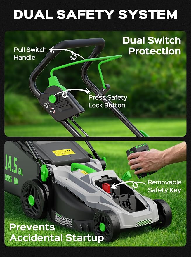 TIECTOWN 40V 16-Inch Brushless Cordless Lawn Mower with 4.0Ah Battery & Charger, 2-in-1 Electric Push Mower, 5-Position Height Adjustment, Lightweight, Compact Storage, for Small Yards - Green | Brushless Motor, 5-Position Height Adjustment, Battery Po...