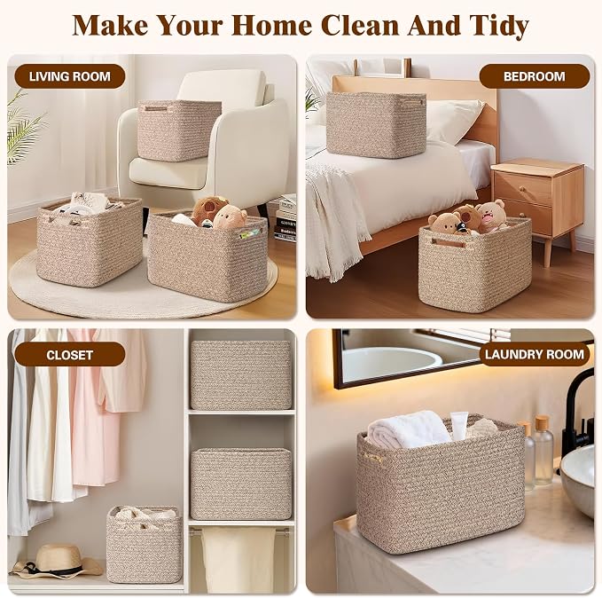 Storage Baskets for Organizing, 4 Pack Baskets for Shelves, Decorative Storage Bins for Shelves, Cotton Rope Storage Basket with Handles, Woven Basket for Storage, 13''Lx8.7''Wx7.9''H, Brown