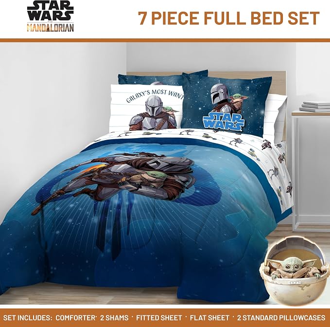 Jay Franco Kids Bed Set, Blue, The Mandalorian, 7 Piece Full | Cozy Soft Bedding for Stylish Room Décor with Comforter, Sheets & Pillow Covers