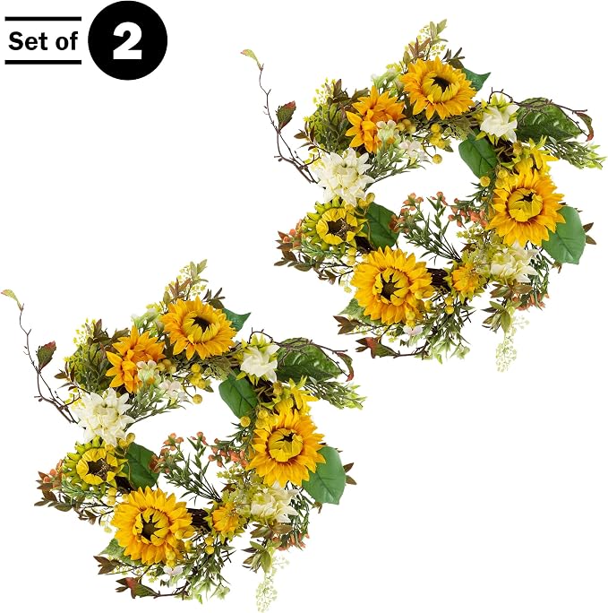 Sunflower Wreaths - Set of Two 22-Inch Artificial Spring, Summer, or Fall Wreaths for Home Decor - Wreaths for Indoors or Covered Patio by Pure Garden