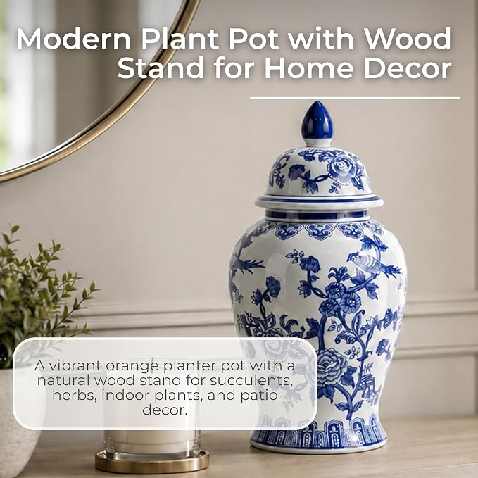 Decorative Ginger Jar for Home Decor – Ceramic Jar With Lid, Chinoiserie Pattern, Large Tabletop Accent for Living Room or Entry Shelf Display, Stylish Centerpiece Decor – 18", Blue & White