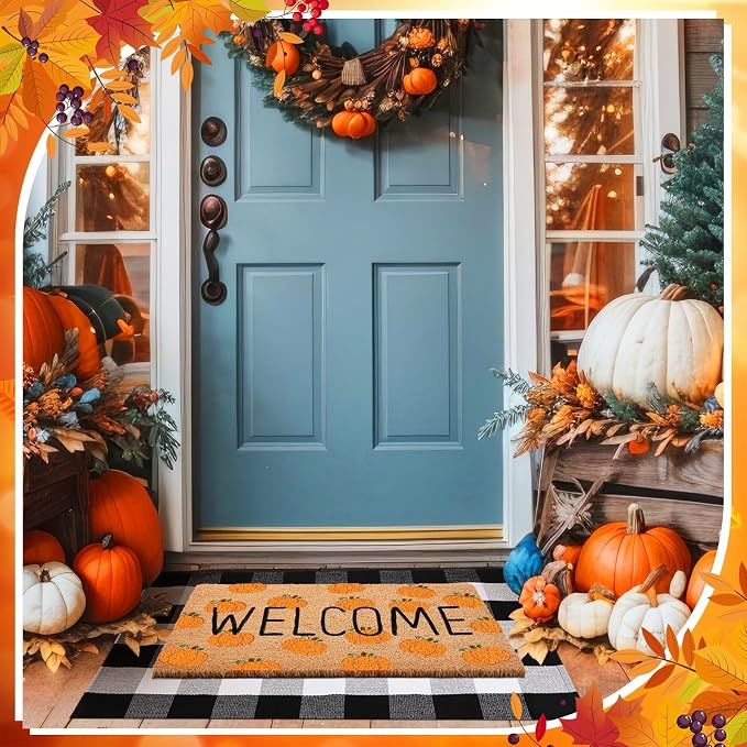 Moucuny 2 Pcs Fall Coir Doormat Outdoor Fall Pumpkin Welcome Outdoor Rugs for Layered Buffalo Black White Plaid Mats for Autumn Thanksgiving Front Door Porch Entryway Decor