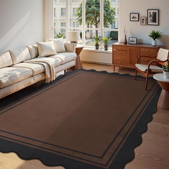 8x10 Scalloped Rug Easy Jute Washable Rug for Living Room Indoor Outdoor Black Brown Geometric Non Slip Carpet for Under Table Neutral Carpet for Backyard Patio Dining Room