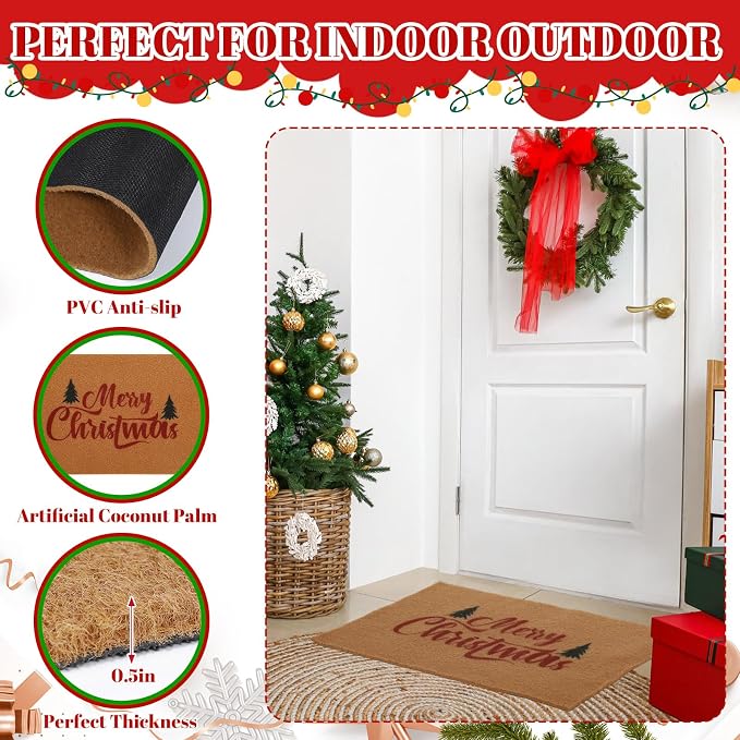 2 Pcs Outdoor Door Mat Combo Set Layered Outdoor Rug and Coir Welcome Doormat Non Slip Outside Floor Mat for Front Porch Entryway Patio Yard Decor(Christmas Tree,24'' X 51',18'' X 28'')