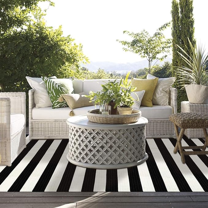 LEEVAN Black and White Outdoor Rug 4x6, Cotton Washable Outdoor Patio Rug, Black Striped Reversible Rug for Balcony Decor, Woven Entryway Rug for Layered Door Mats Porch/Front Door