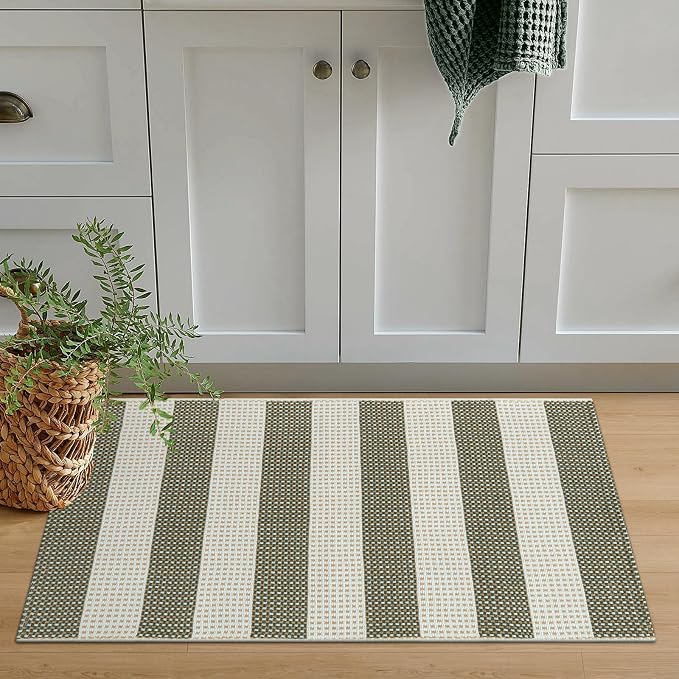 OJIA Front Door Mat 24"x36" Outdoor Doormat Striped Porch Rugs Fall Decor | Washable Rug Door Mat Outside Entrance Cotton Indoor Outdoor Rugs Small Area Rug for Kitchen Entryway Patio Green/White
