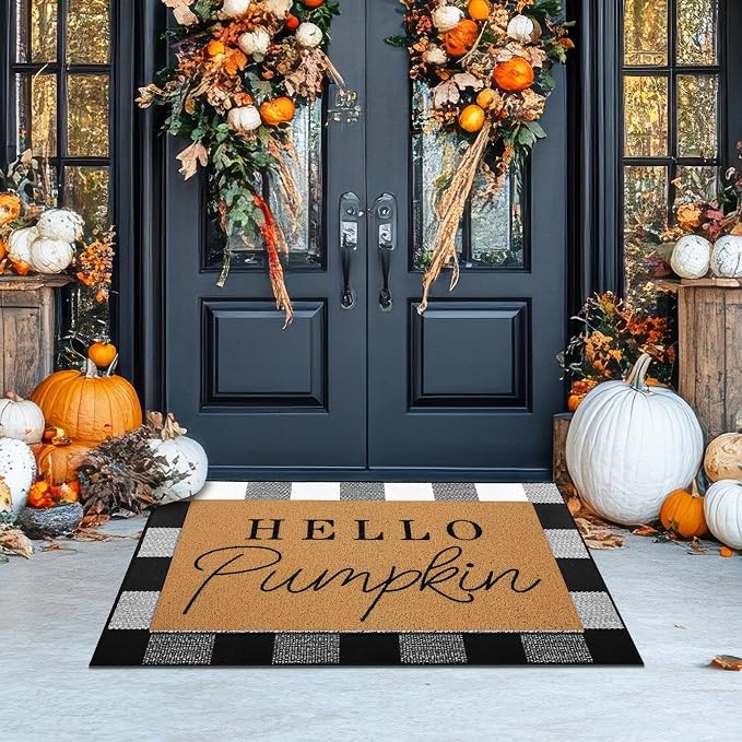 Tinideya 2 Pcs Door Mat Welcome Non Slip Coir Mats Floor Layering Doormats Seasonal for Front Porch Entryway Decor(Black White Plaid)