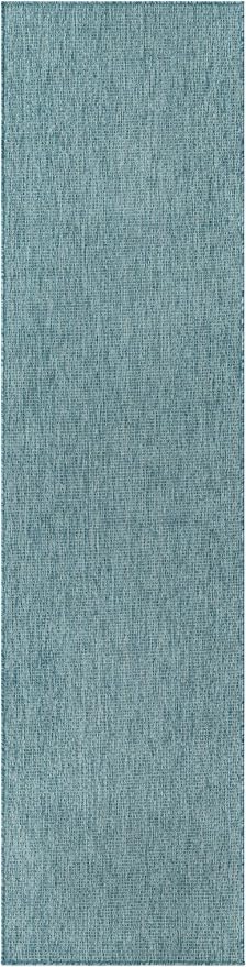 Unique Loom Collection Casual Transitional Solid Heathered Indoor/Outdoor Flatweave Area Rug (2' x 8' Runner, Aquamarine/Ivory)