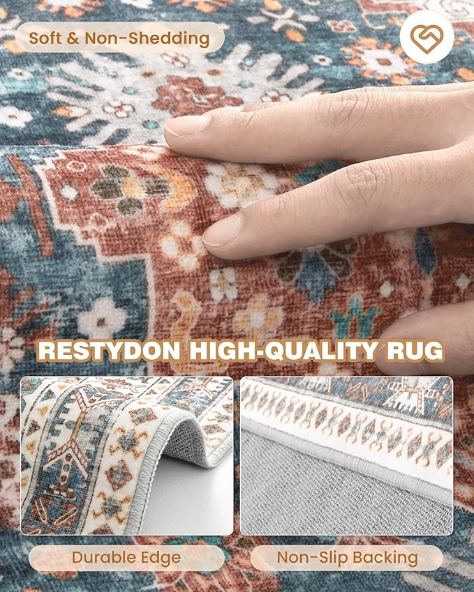 3x5 Washable Area Rug for Entryway, Kitchen Rugs Non Slip for Dining Room, Vintage Floral Soft Living Room Rug, Thin Area Rug Indoor for Bedroom, Kids Room Decor(Blue/Red,3'x5')