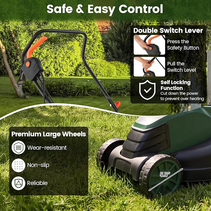 DORTALA Lawn Mower, Corded 14" Electric Push Mower, 3-Position Cutting Height Adjustment, 9.3 Gal Grass Collection Box, 12 AMP Motor, 1500W, Lightweight Walk-Behind Mower for Small Medium Yard (Green)