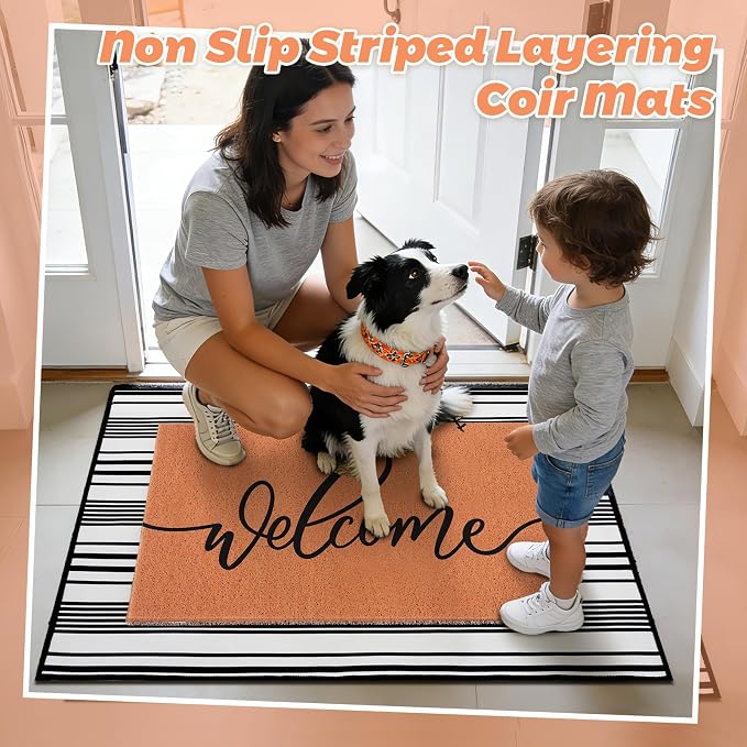 2pcs Layered Doormat Set, Welcome Door Mat for Outdoor Front Door, 16x24 PVC Coil & 24x32 Crystal Velvet Non-Slip Layering Entry Mats for Farmhouse Porch Decoration（Welcome, Buffalo Plaid