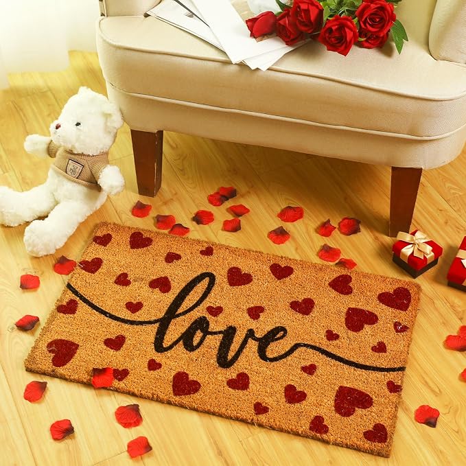 Ceenna Valentine's Day Doormat Outdoor Valentine's Coir Doormat with Non-Slip Backing Red Heart Love Valentines Day Outdoor Mat Front Porch Rugs for Home Entrance, 16 x 28 Inches