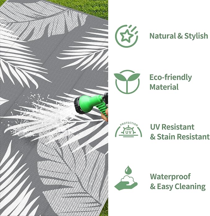 GENIMO Outdoor Rug, Waterproof Plastic Rugs 10'x20' for Camping Grey White | Outside Larger Leaf Carpet Mat for Patio Decor, RV, Porch, Camper, Deck, Picnic, Beach, Backyard, Reversible, Foldable