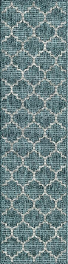 Unique Loom Outdoor Trellis Collection Area Rug (2' x 8' Runner, Teal/ Gray)