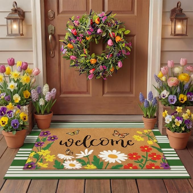 Tinideya 2 Pcs Door Mat Welcome Non Slip Coir Mats Floor Layering Doormats Seasonal for Front Porch Entryway Decor(Spring Flowers)