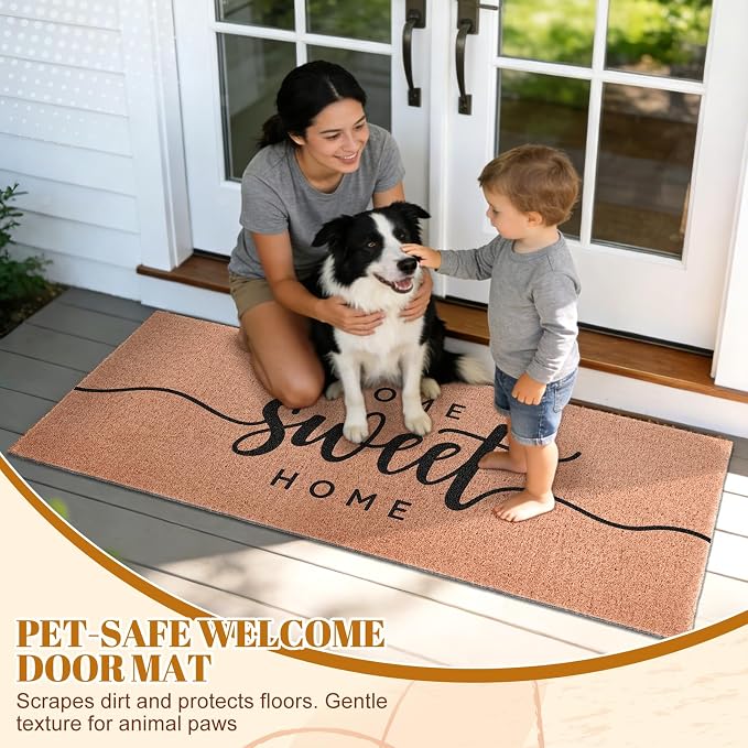 Home Sweet Home Long Doormat for Double Door Entrance, 24x59 Inch | Extra Large Heavy Duty Front Porch Rug with Non Slip PVC Backing, Oversized Decorative Mat for Indoor Outdoor Entryway