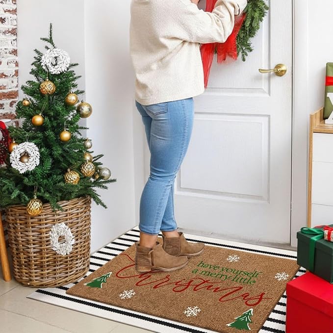 Moucuny 2 Pcs Christmas Outdoor Mat, Non Slip | Christmas Welcome Coir Door Outdoor Black White Stripe Rug Front Door Porch Entryway Decor, 24'' x 35'', 16'' x 28''