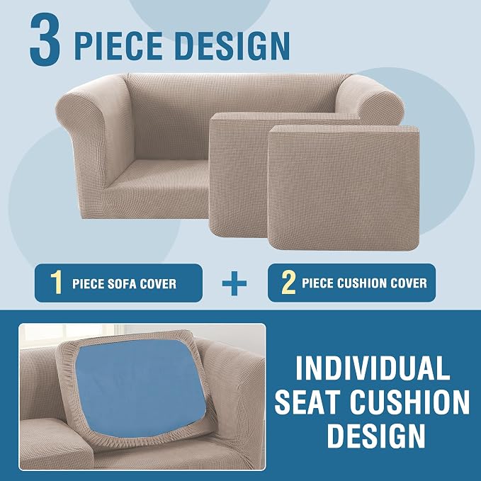 H.VERSAILTEX 3 Pieces Stretch Couch Cover Traditional Chesterfield Loveseat Covers for 2 Cushion Couch Non Slip Mid Century Deep Seat Couch Cover Washable, Thicker Jacquard Fabric(Medium Sofa, Sand)