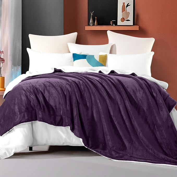 Elegant Comfort Ultra Soft Reversible Flannel Sherpa Blanket - Cozy Silky Fleece Throw for Couch, Bed - Plush Fuzzy Warm Winter Blanket for Gift, Twin, Purple