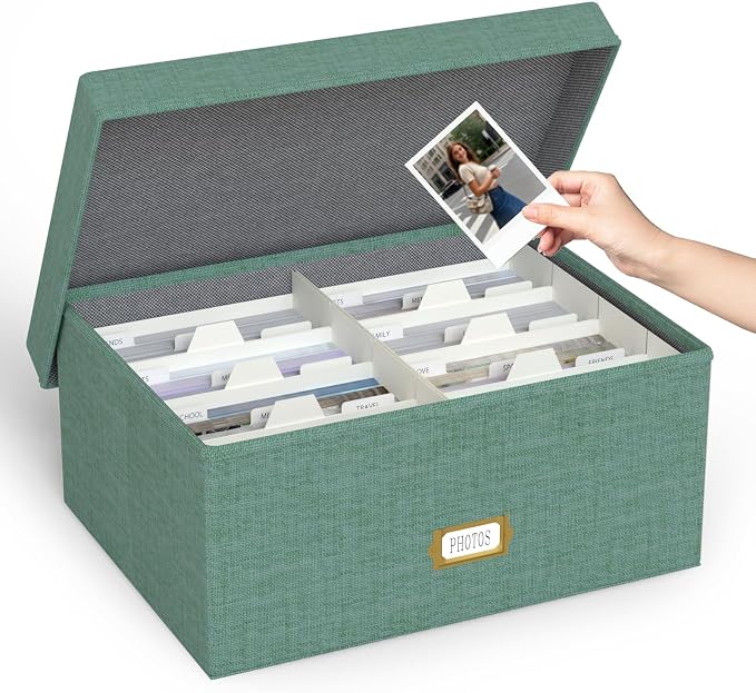 Decorative Photo Storage Box, Linen Photo Box Holds 1700 5x7 Pictures Green | Photo Storage Containers with 8 Dividers, Memory Keepsake Organizer for Photos, Scrapbook Supplies, Cards, Stamps,Archive Box