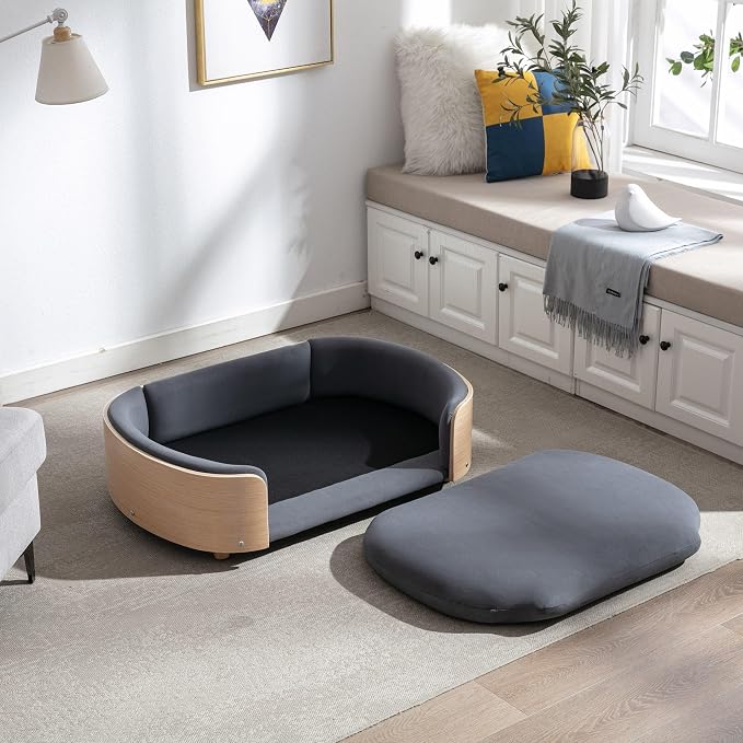 Scandinavian Style Elevated Dog Bed Pet Sofa with Solid Wood Legs and Bent Wood Back, Velvet Cushion, Large Size, Natural Frame & Dark Grey Cushion