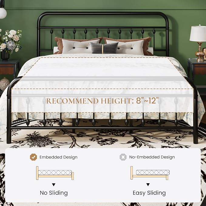 SHA CERLIN King Metal Bed Frame with Victorian Iron-Art Headboard, Black | Victorian Iron-Art Headboard and Footboard, Easy Assembly, Under Bed Storage, No Box Spring Required