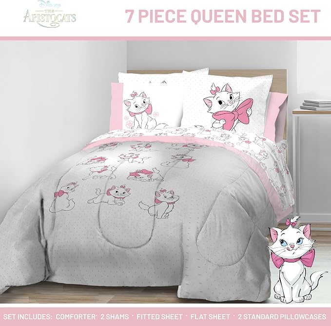 Disney Aristocats Marie Queen Comforter Set 7 Piece Kids Bedding, White | Bed in a Bag, Comforter Sheets Shams Pillowcases, Official Brand, Soft Microfiber, Machine Washable, Girls Gift