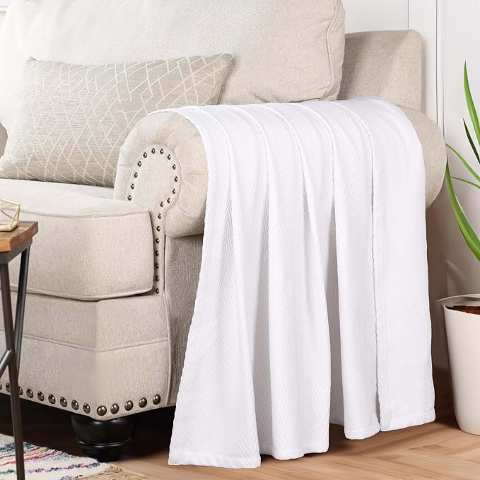 Superior Metro All-Season Cotton Blanket, Woven Blanket for Couch, Bed, Bedding, Farmhouse, Home Essentials, Cute and Cozy Bohemian Blankets, Herringbone Weave, Twin Size, White