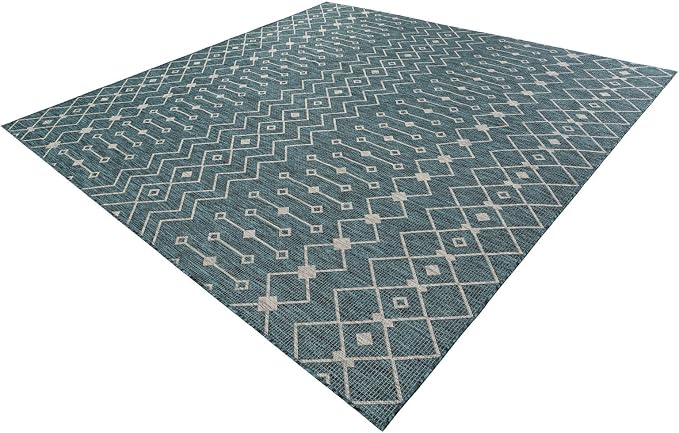 Unique Loom Outdoor Trellis Collection Area Rug - Tribal Trellis (10' Square Teal/Ivory)