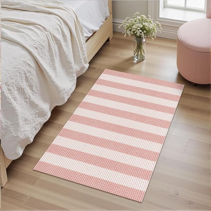 Rugalia Washable Woven Indoor Outdoor Doormat, 2x3 Pink Striped Cotton Entryway Rug Low Pile Non-Slip Small Kitchen Rug, Modern Natural Farmhouse Throw Carpet for Porch Bathroom Bedroom