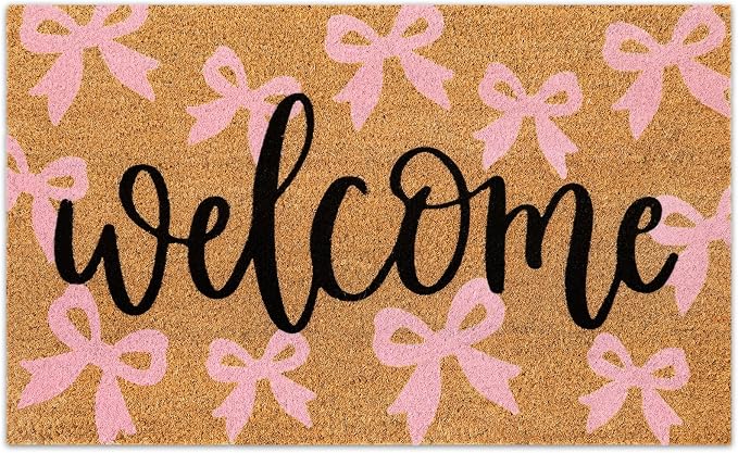 JarThenaAMCS Pink Bow Natural Coir Door Mat Cute Ribbon Bowknot Welcome Floor Mat Non-Slip Entrance Door Rugs for Indoor Outdoor Home Bathroom Decor, 16.5 x 29 Inch