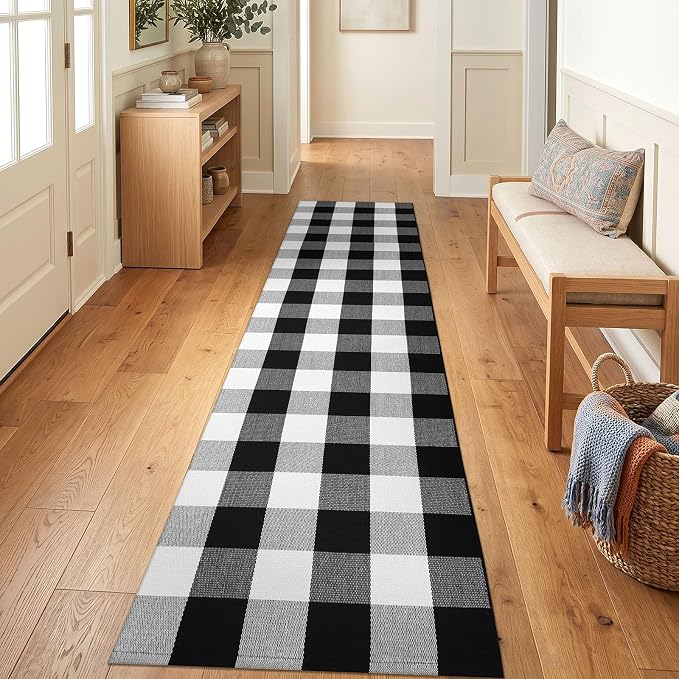 KOZYFLY Buffalo Plaid Rugs 2x8 Ft Runner Rug for Hallway Washable Woven Cotton Kitchen Runner Rug for Entryway Bedroom Living Room Farmhouse Checkered Carpet Runners