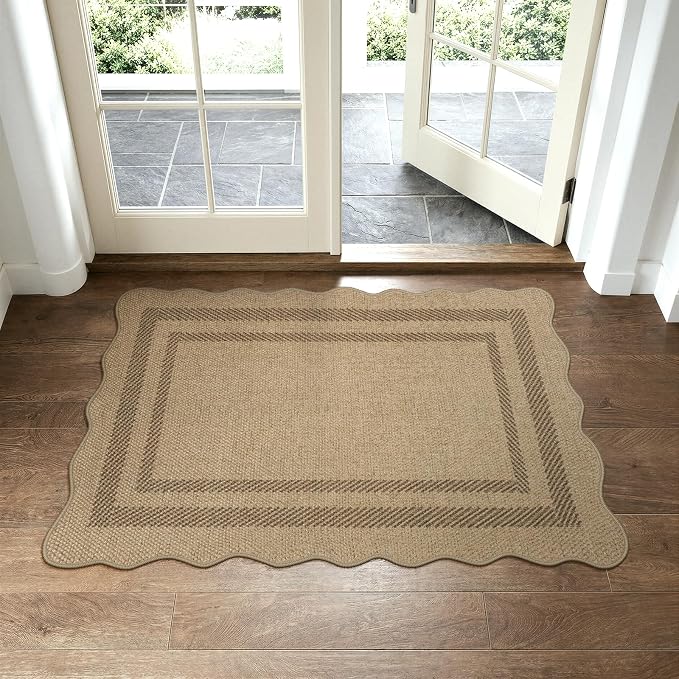 LIVEBOX Scalloped Easy Jute Kitchen Rug, 2x3 Front Door Mat Indoor Outdoor Small Entryway Rug, Washable Non Slip Farmhouse Area Rug, Tan Neutral Modern Carpet Outdoor Doormat for Porch Doorway Foyer
