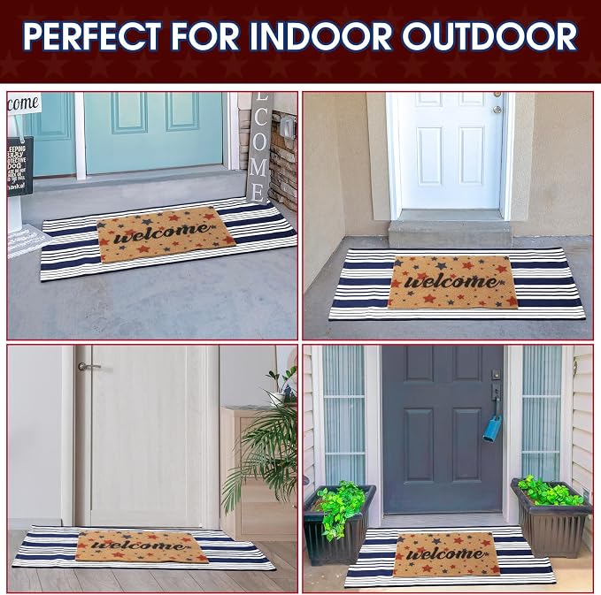 2 Pcs 4th of July Doormat 24'' x 51'' Patriotic Outdoor Rug and 18'' x 28'' Red Blue Star Coir Doormat Welcome Mat Independence Day Non Slip Floor Mat for Entrance Front Porch