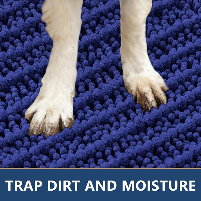 Smiry Dog Door Mat for Muddy Paws 36x24, Absorbent Dirt Trapper, Non-Slip Washable Chenille Entryway Rug for Inside Floor, Navy Blue, Layered Pattern
