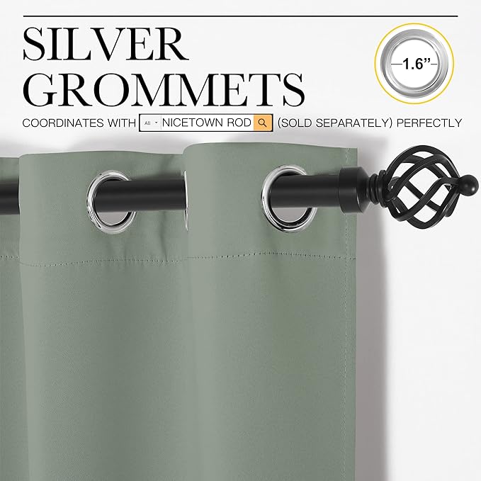 NICETOWN Window Curtain Panels, Thermal Insulated Solid Grommet Blackout Draperies/Drapes for Basement (Greyish Green, 1 Pair, 34 by 54-inch)
