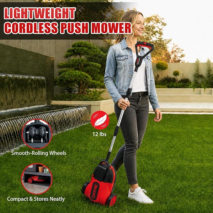 Mini Cordless Lawn Mower, 9 Inch Electric Grass Cutter, Red | Lightweight Push Mower with 2 x 21V 4.0Ah Batteries,Brushless Motor, Adjustable Cutting Heights for Small Yard & Garden