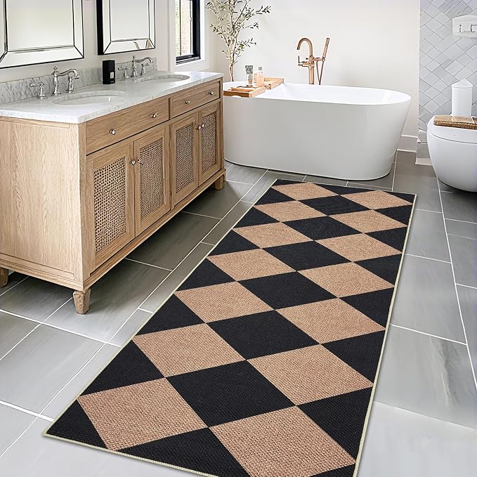 COZYLOOM 2x6 Geometric Area Rug Washable Runner Rug for Hallway Non Slip Non Shedding Modern Diamond Print Carpet Stain Resistant Foldable Modern Ultra Soft Door Mats for Kitchen, Brown
