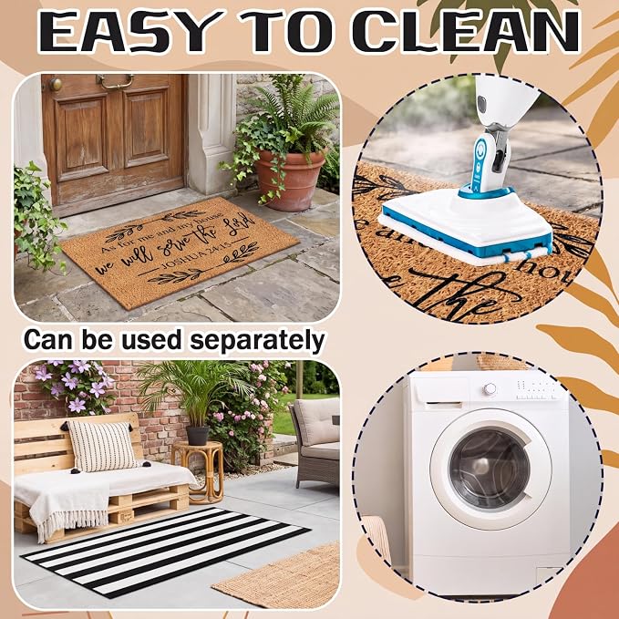Moucuny 2 Pcs Christian Door Mat 24'' x 35'' Black and White Striped Outdoor Rug 16'' x 28'' as for Me and My House We Will Serve the Lord Non Slip Welcome Coir Mat for Front Decor