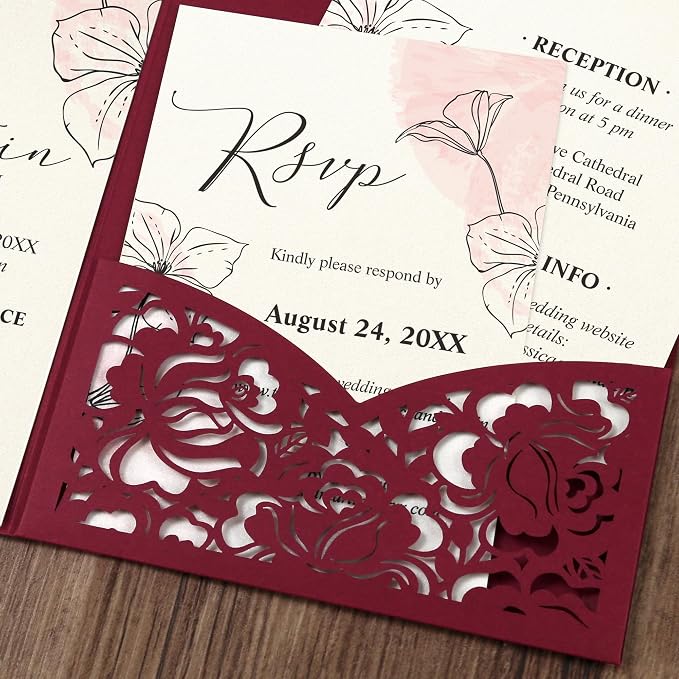 DORIS HOME Laser Cut Wedding Invitation Pockets, Burgundy, 5"x7" | 50pcs, With Envelopes, For Wedding & Anniversary, No Inserts Included